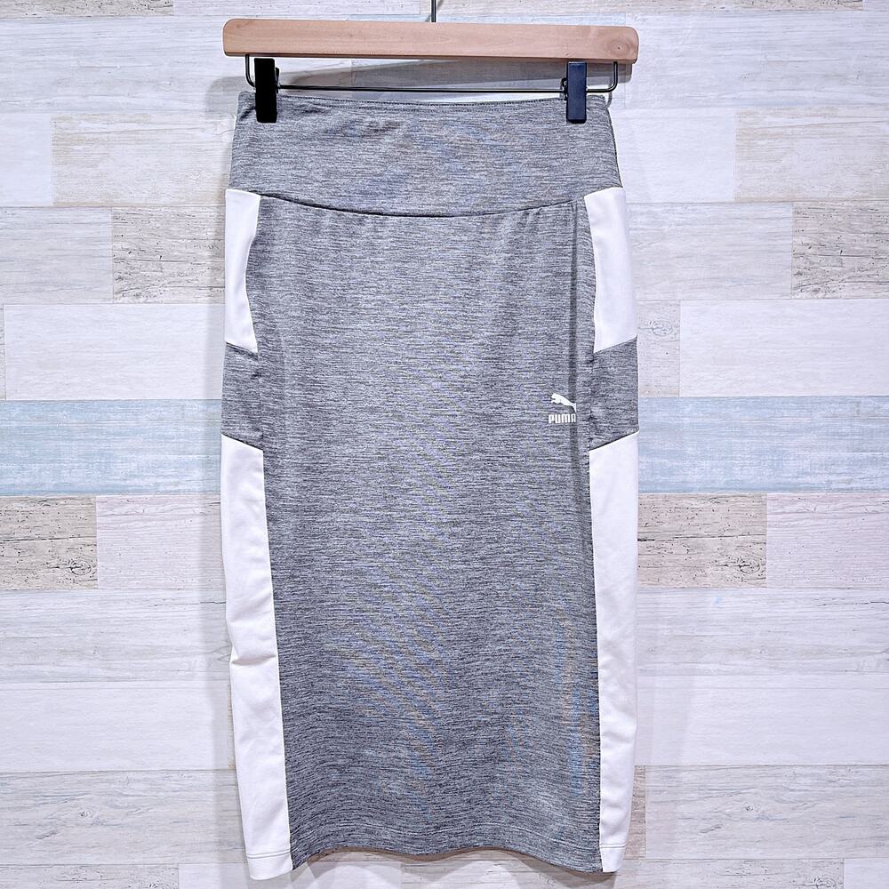 PUMA Athleisure Pencil Skirt Gray White Pull On Stretch Knee Length Womens Small